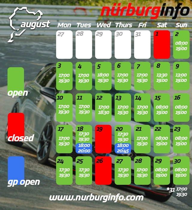 Nürburgring Touristenfahrten Calendar August 2026