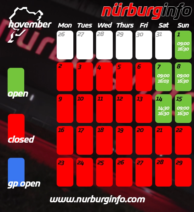 Nürburgring Touristenfahrten Calendar November 2026