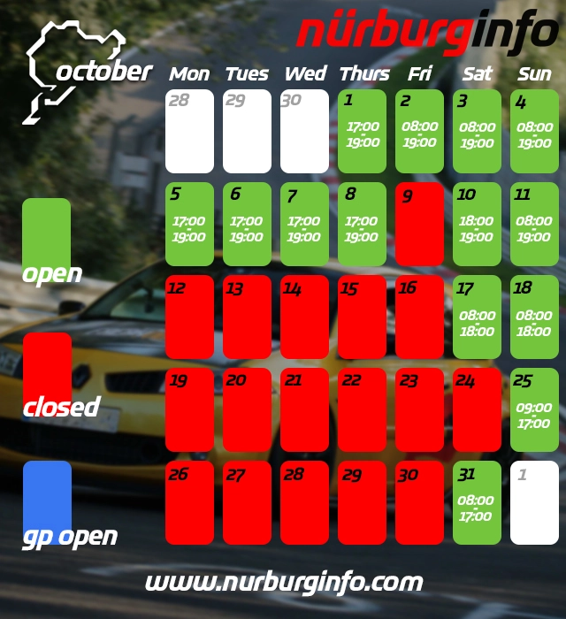 Nürburgring Touristenfahrten Calendar October 2026