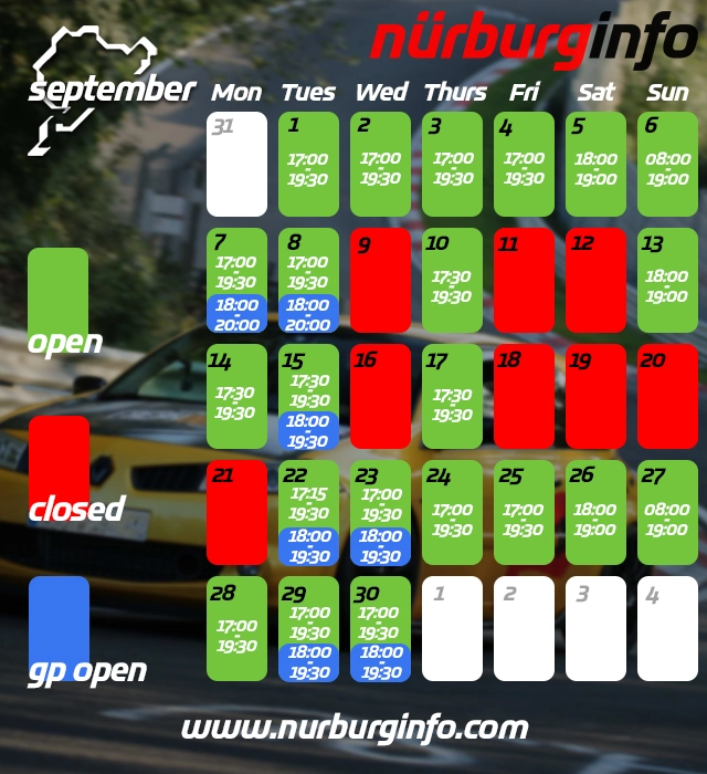 Nürburgring Touristenfahrten Calendar September 2026